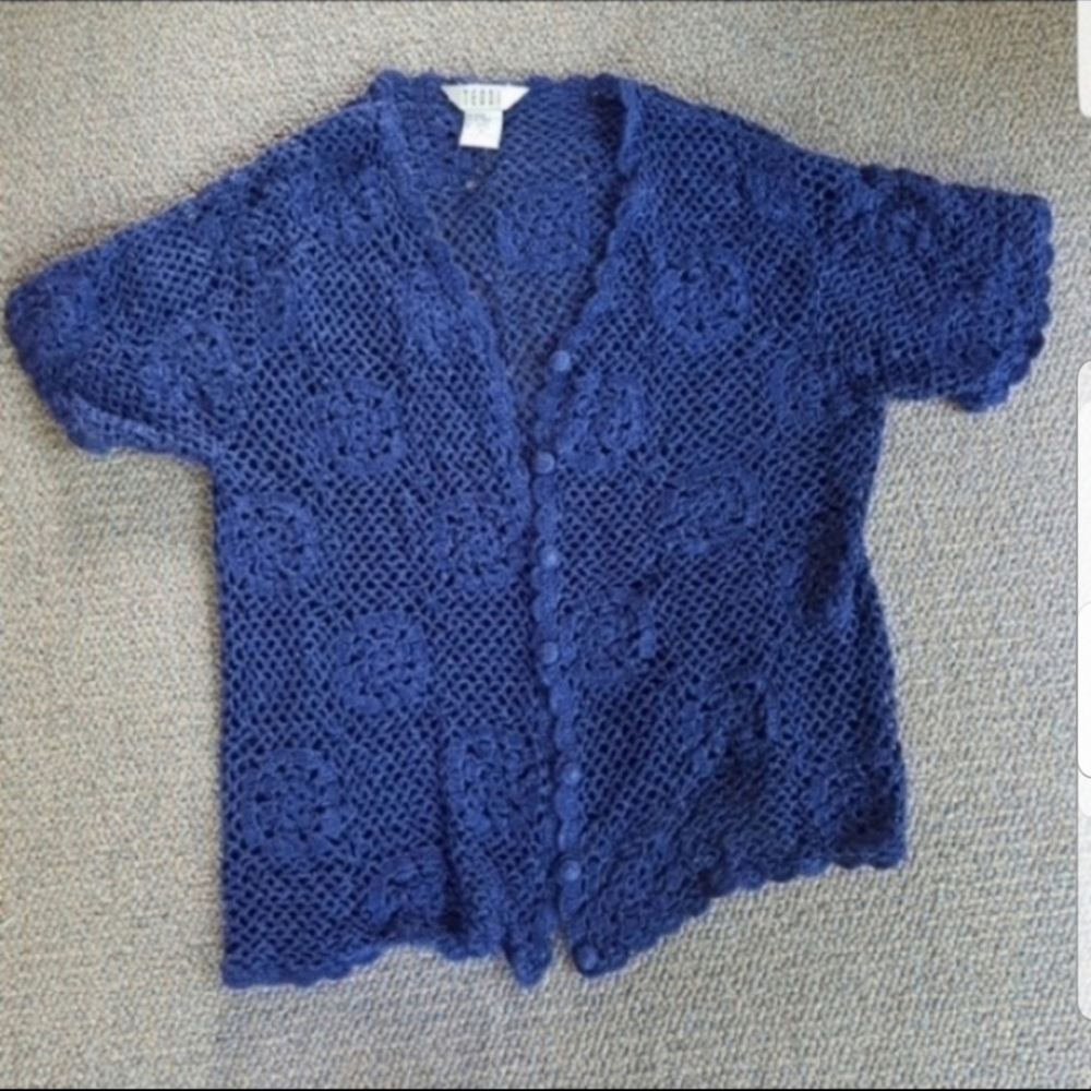Teddi Blue Floral Knit Bolero Cardigan Sweater
